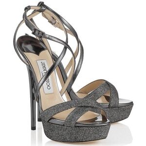 Jimmy Choo Metallic Silver Glitter Strappy Platform Heels